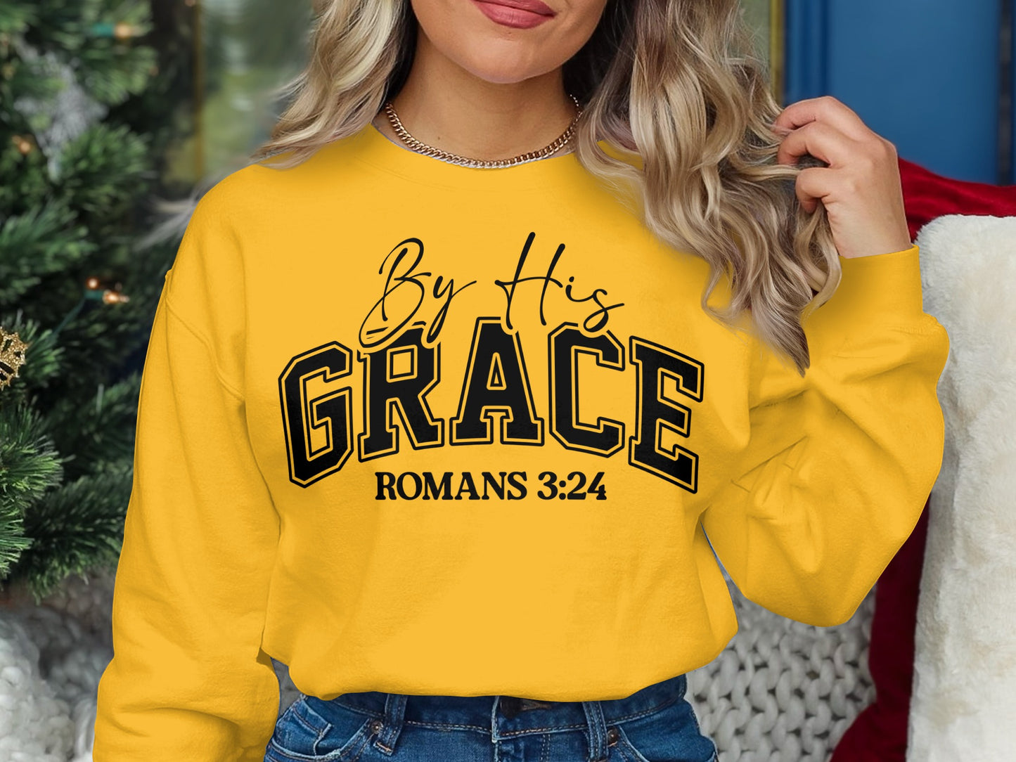 By His Grace Romans 3 24 Yellow Long Sleeve product