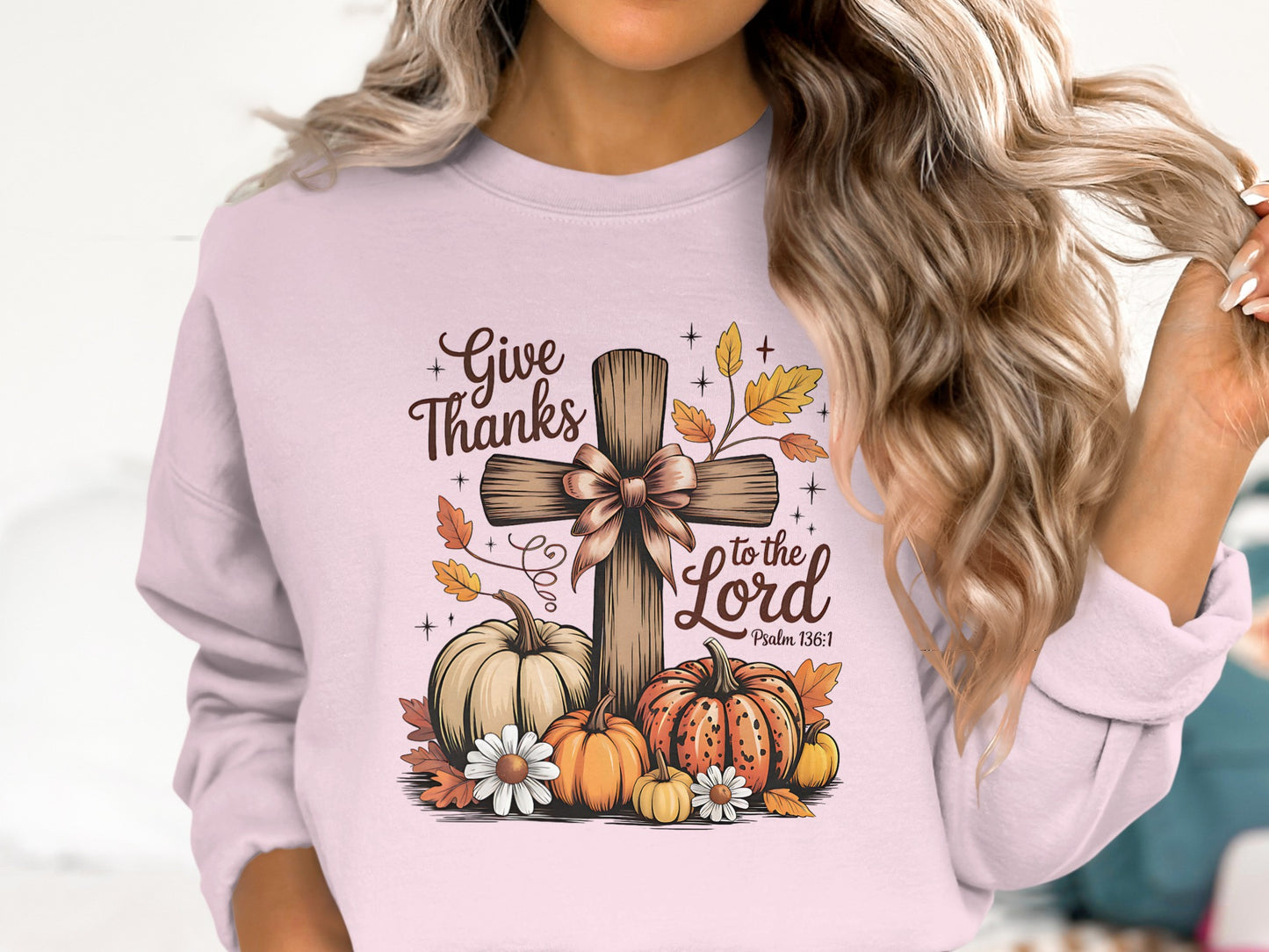 Give Thanks To The Lord Cross Pumpkins Design Sweatshirt