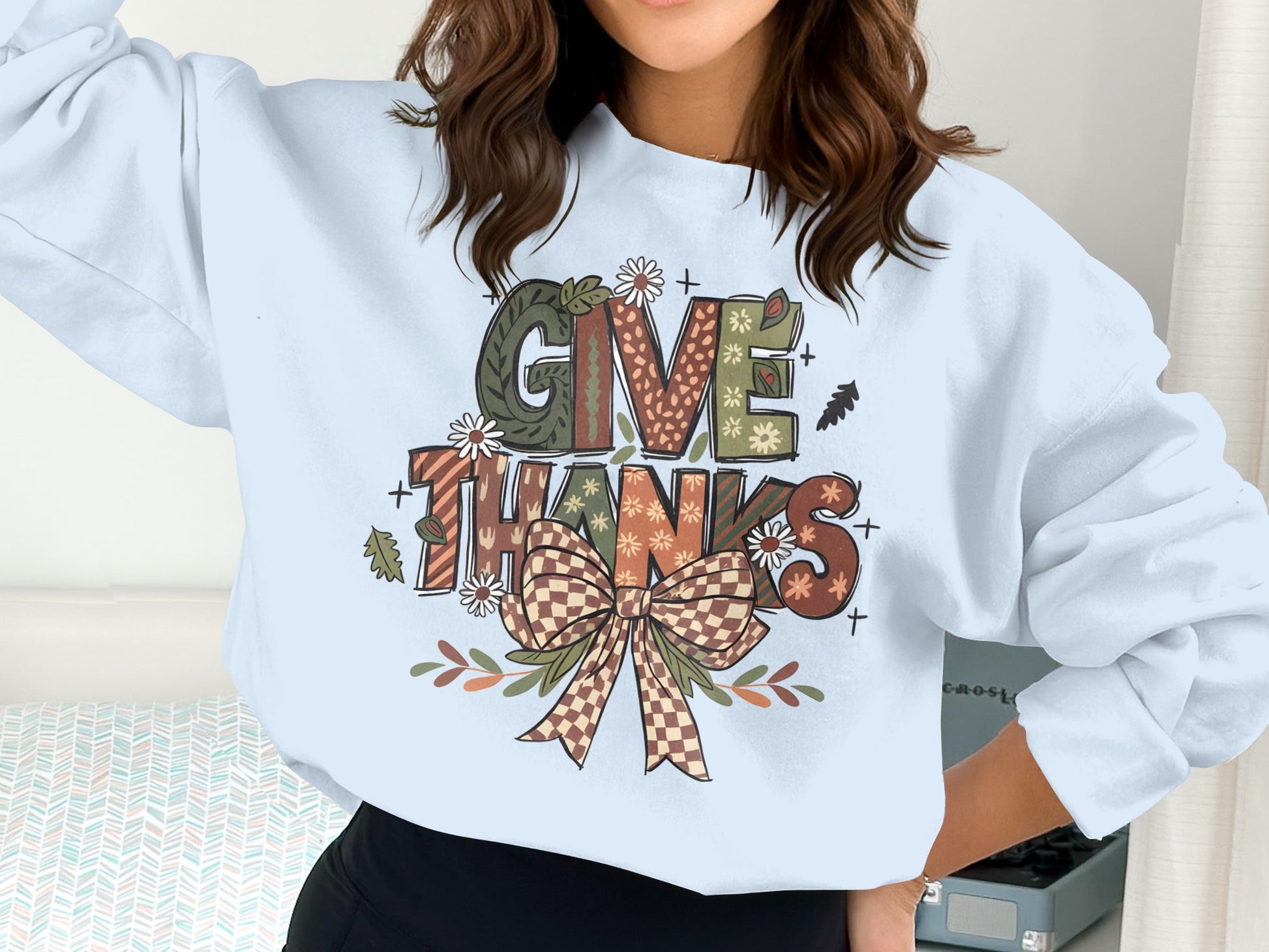 Give Thanks Sweatshirt with Festive Bow Design