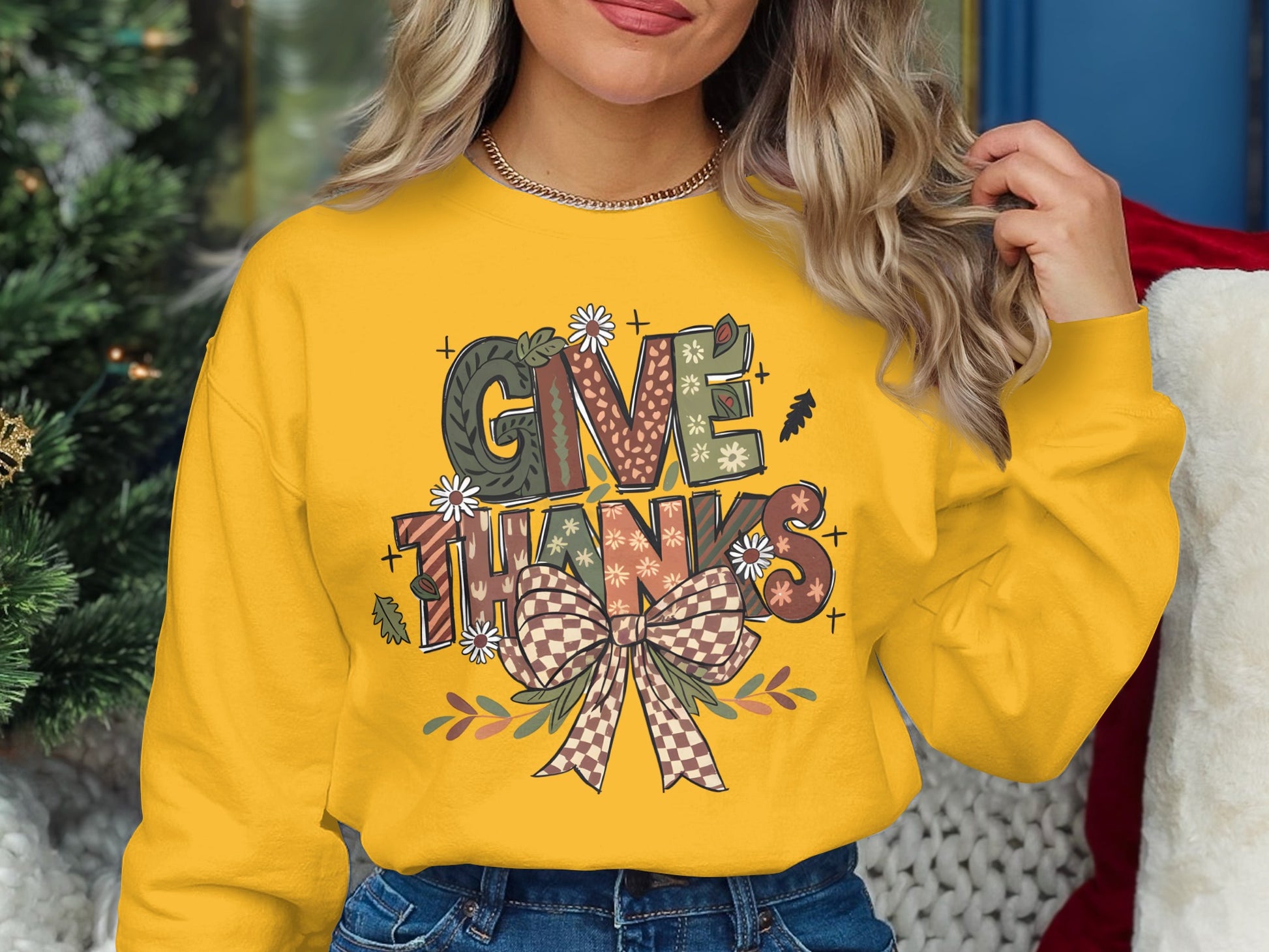 Give Thanks Bow and Leaf Design Long Sleeve Shirt