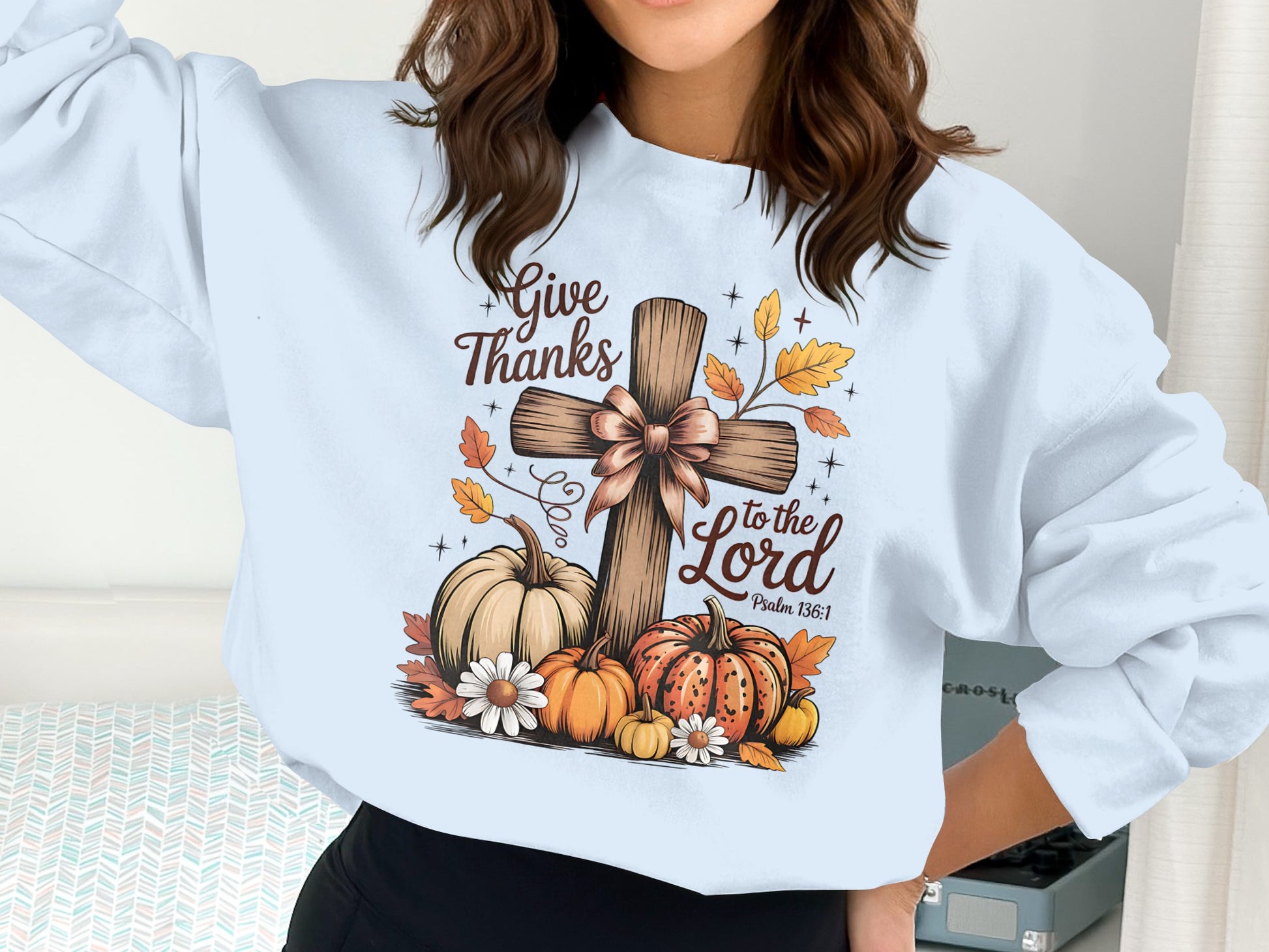 Give Thanks to the Lord Psalm 136:1 Religious Sweater