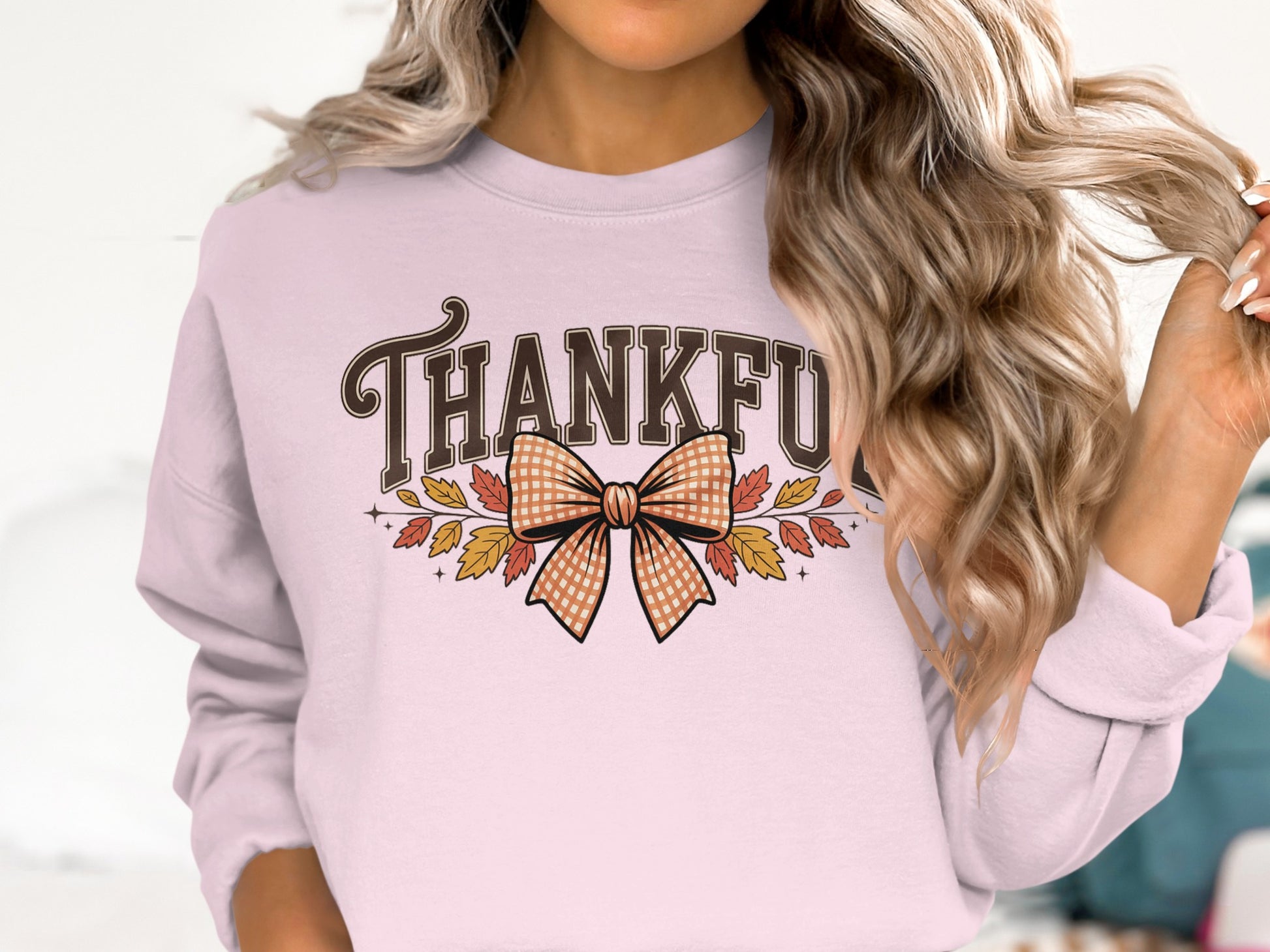 Thankful with Bow and Autumn Leaves Graphic Sweatshirt