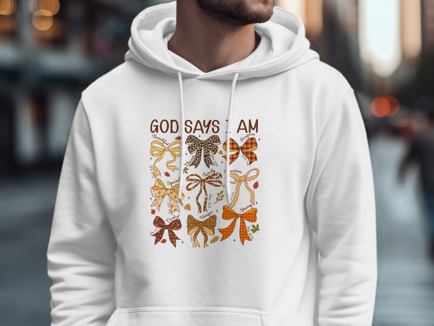 God Says I Am Hoodie with Decorative Bows Design