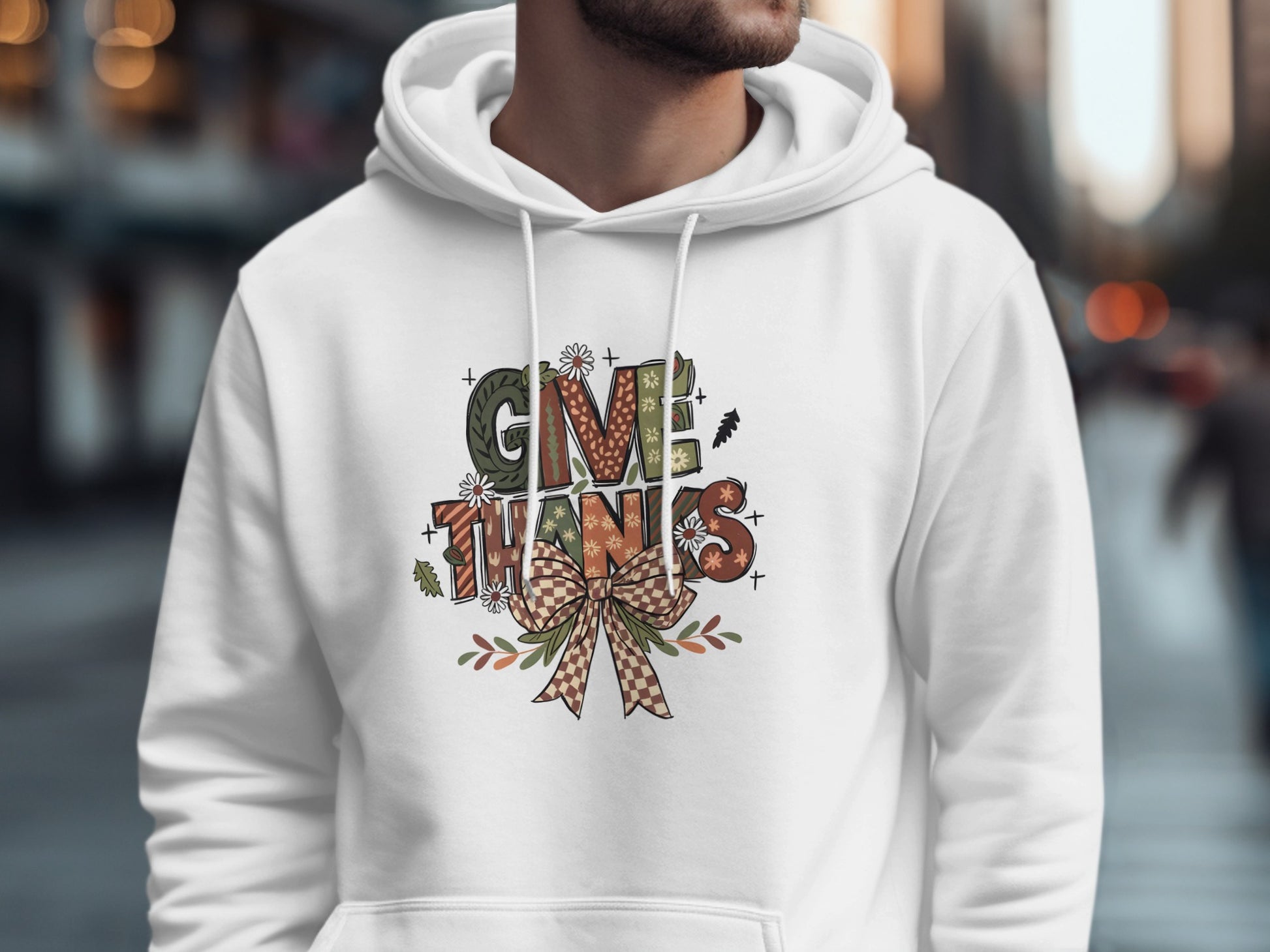 Festive Give Thanks Graphic White Hoodie Product
