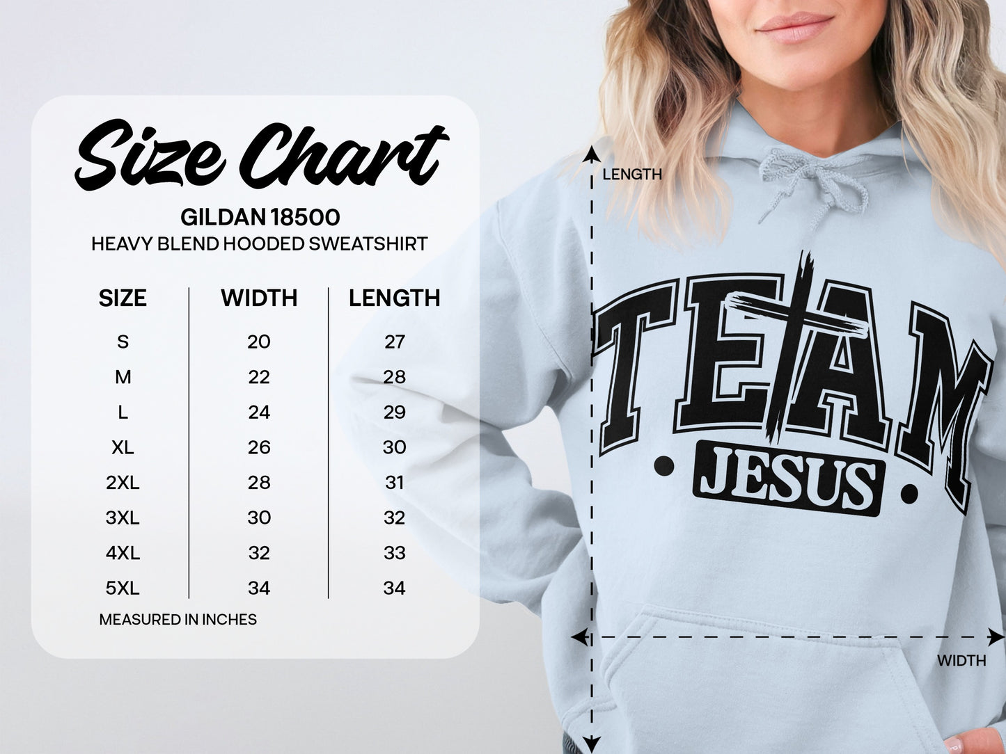 Team Jesus Hoodie with Size Chart on Display