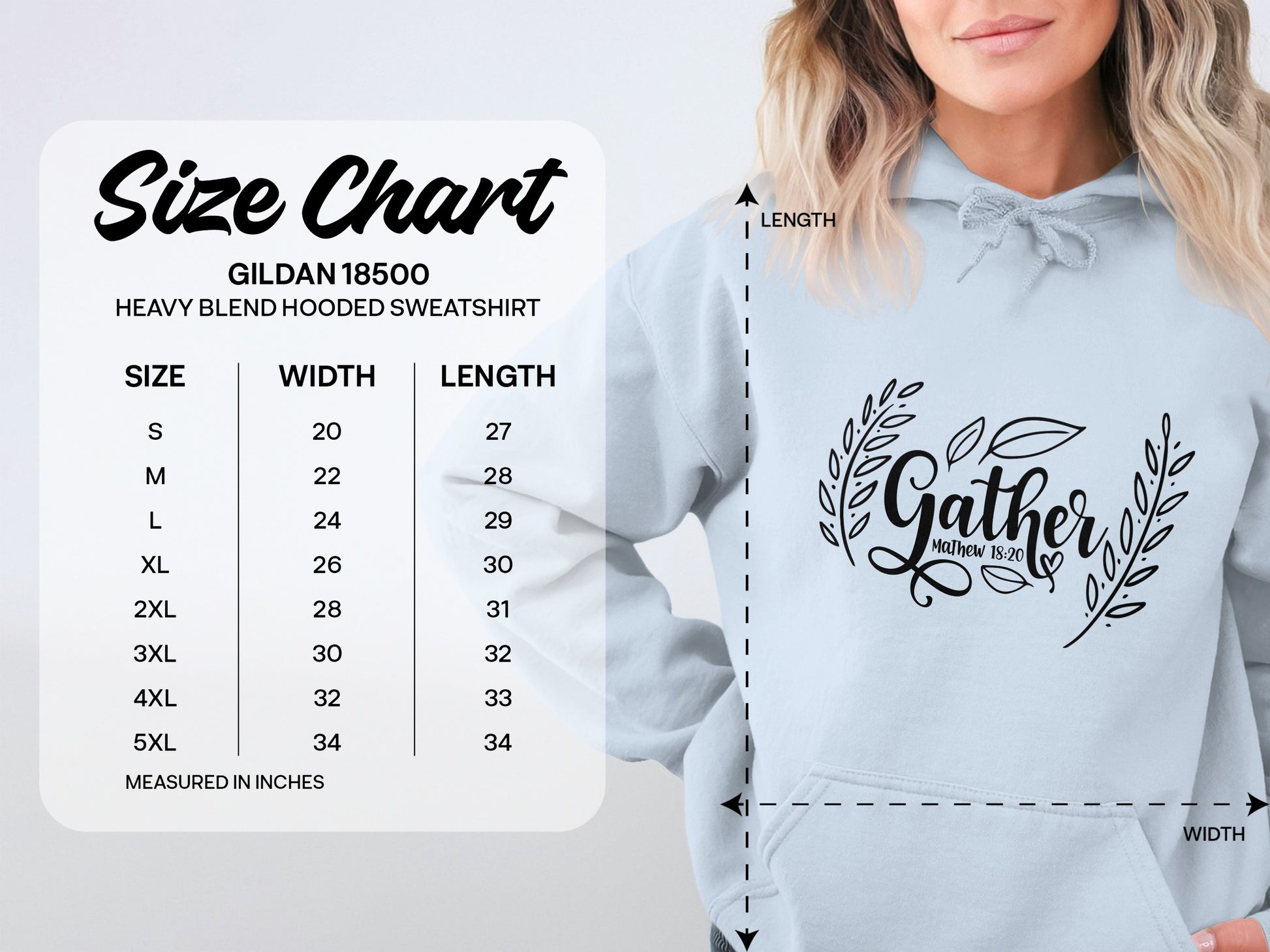 Gather Design Hooded Sweatshirt Size Guide Chart